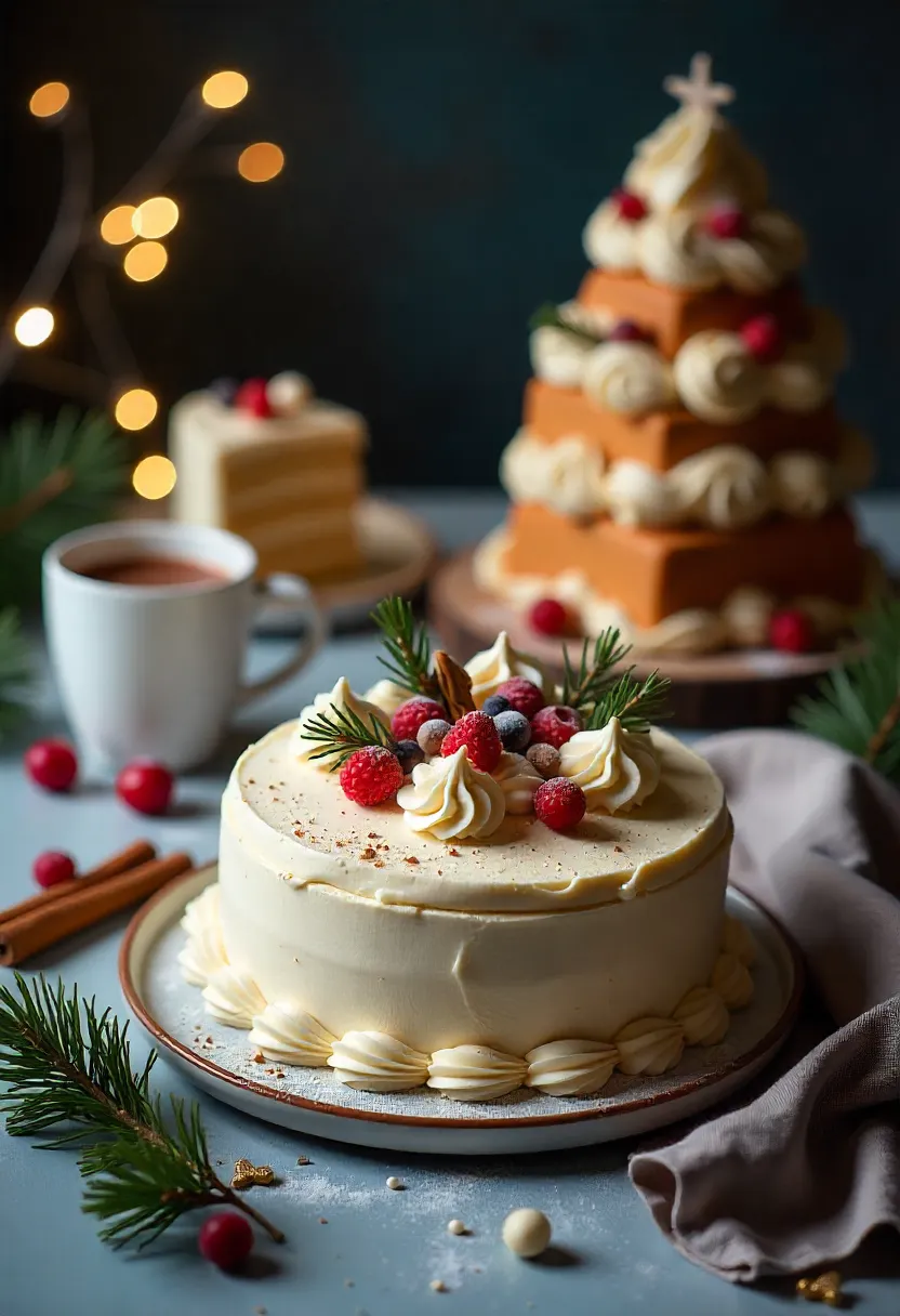 Cozy homemade Christmas cakes with charming imperfections, festive decorations, and warm holiday setting.