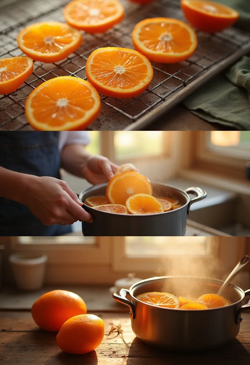 Collage showing glossy candied orange slices, simmering syrup, and hands arranging slices in a warm kitchen setting.
