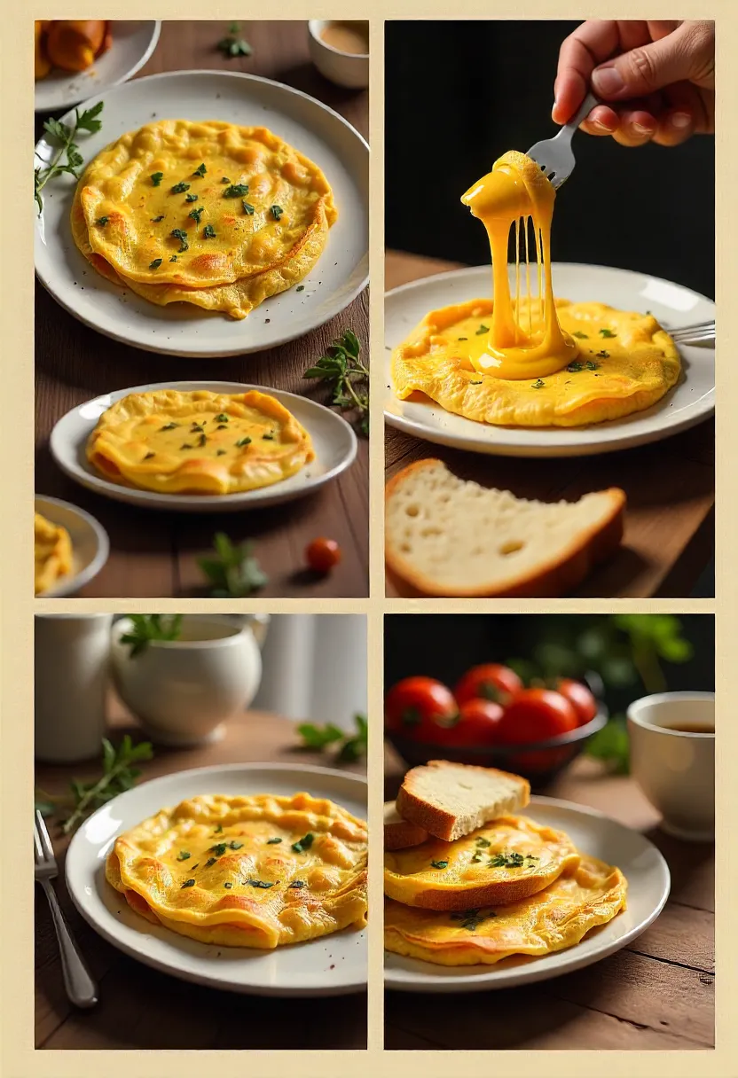 Golden cheese omelette being served with herbs, coffee, and toast in a cozy kitchen.