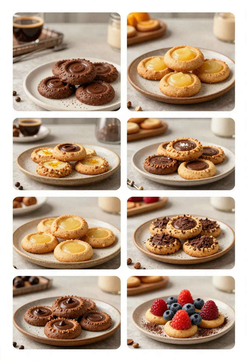 Chocolate thumbprint cookie variations with nuts, espresso, citrus custard, and decorative toppings in a cozy kitchen collage.