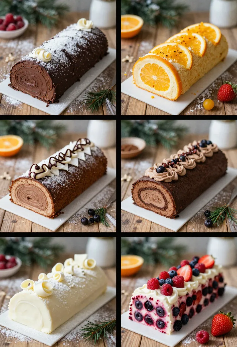 Collage of Yule Log cake variations: chocolate, citrus, coffee, white chocolate, and berry-filled.