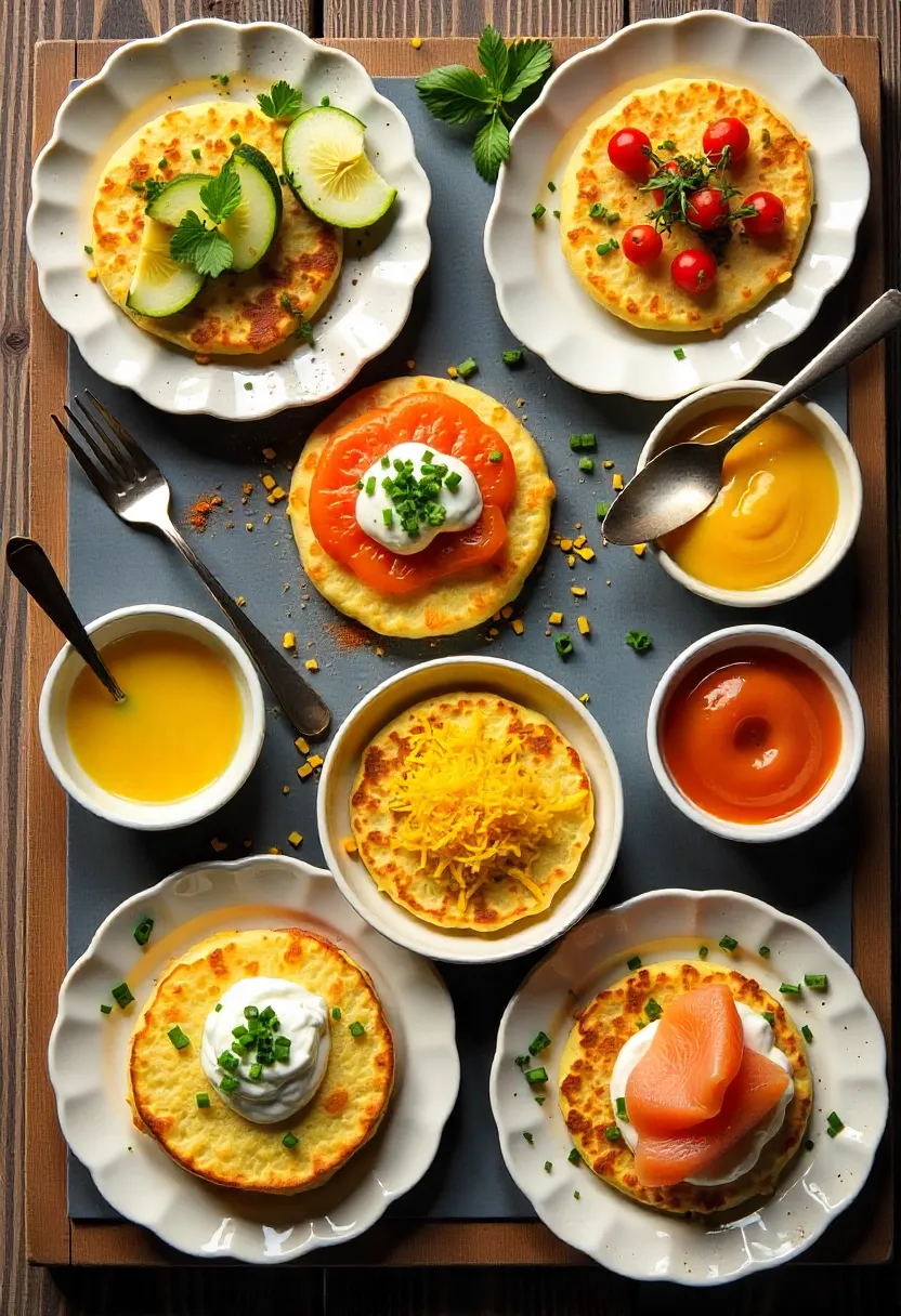 Collage of potato pancakes with herbs, cheese, vegetables, smoked salmon, and sweet toppings.
