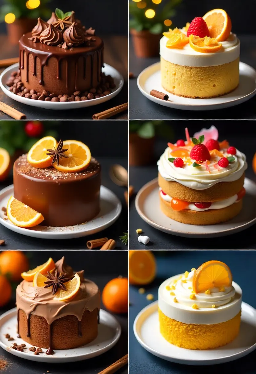 Christmas cakes with chocolate, citrus, spice, boozy, and dietary-friendly variations decorated festively.