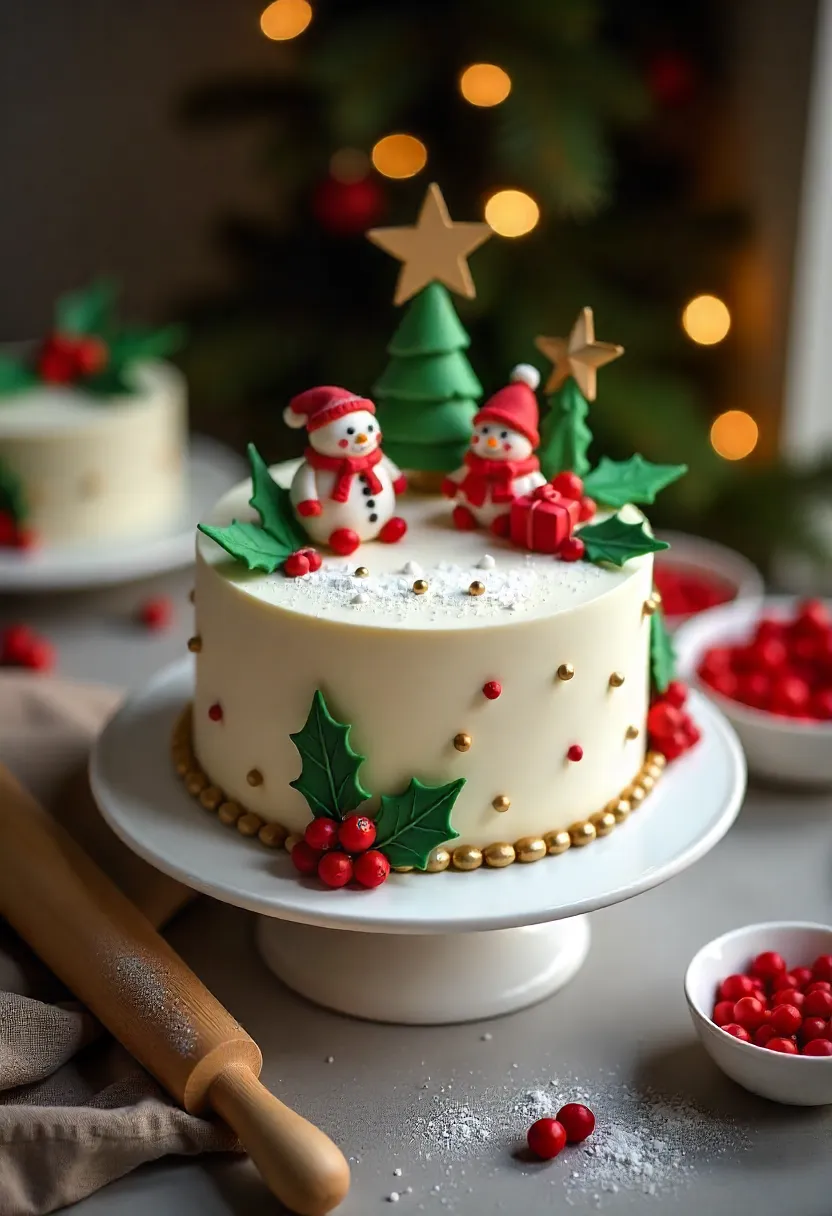 Christmas cakes decorated with fondant stars, trees, holly leaves, and tiny figurines.