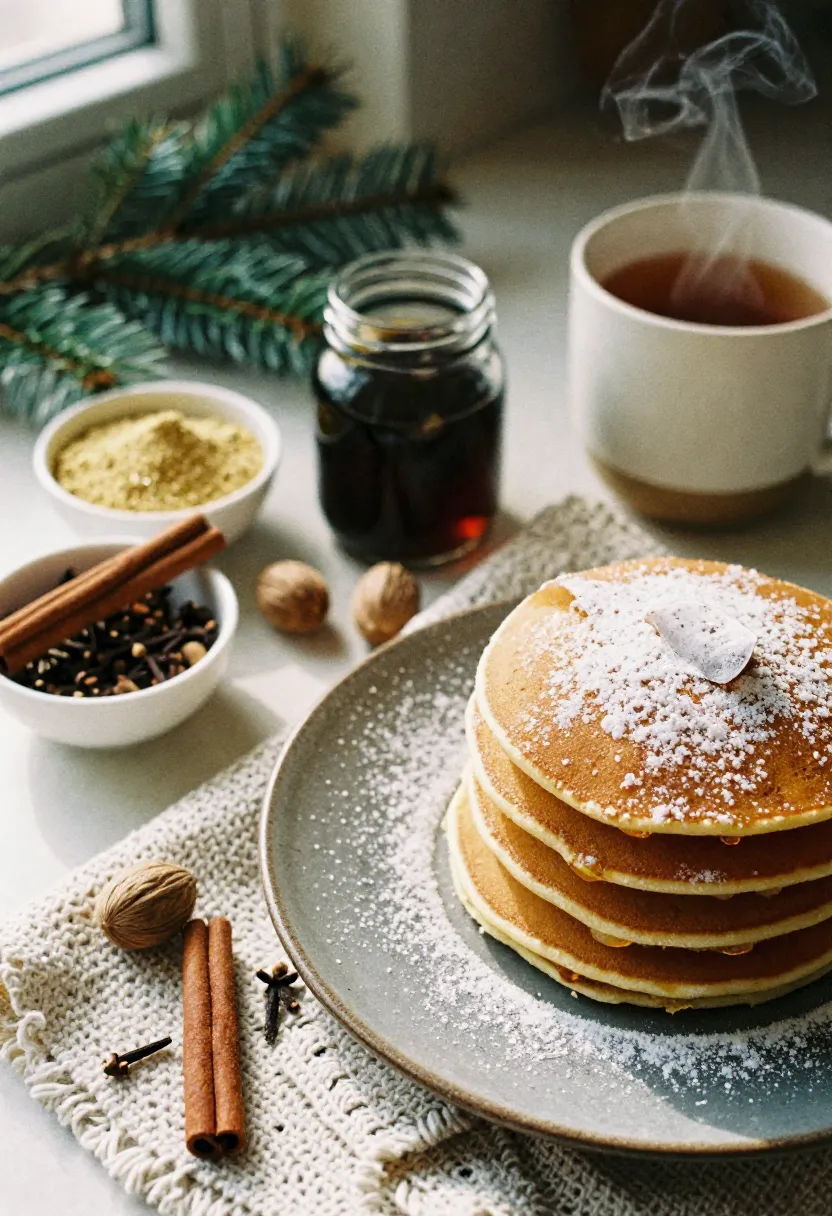 Collage of gingerbread spices, molasses, and a stack of pancakes in a cozy winter kitchen.