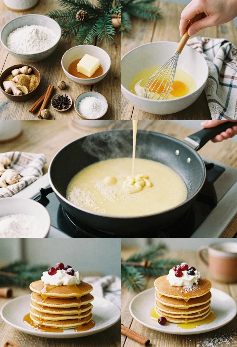 Gingerbread pancake ingredients, batter, and cooked stack in a cozy winter kitchen.