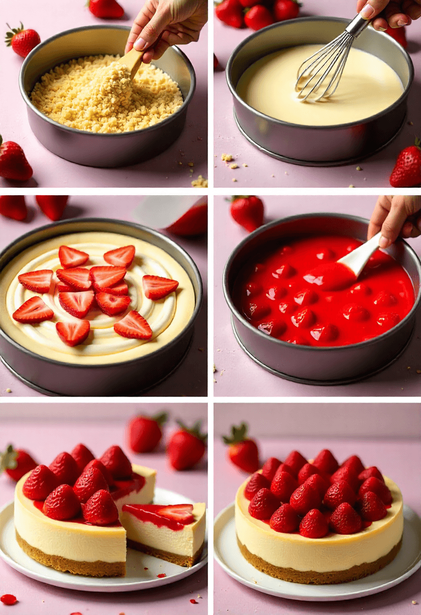 Step-by-step collage showing the full process of making a homemade strawberry cheesecake.