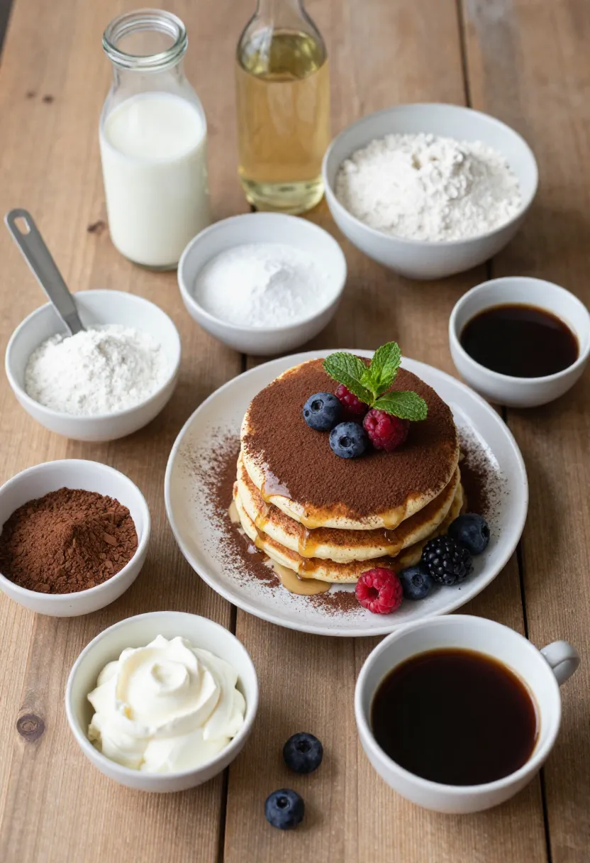 Vegan tiramisu pancake ingredients with fluffy layered pancakes, coffee syrup, cocoa, berries, and mint.