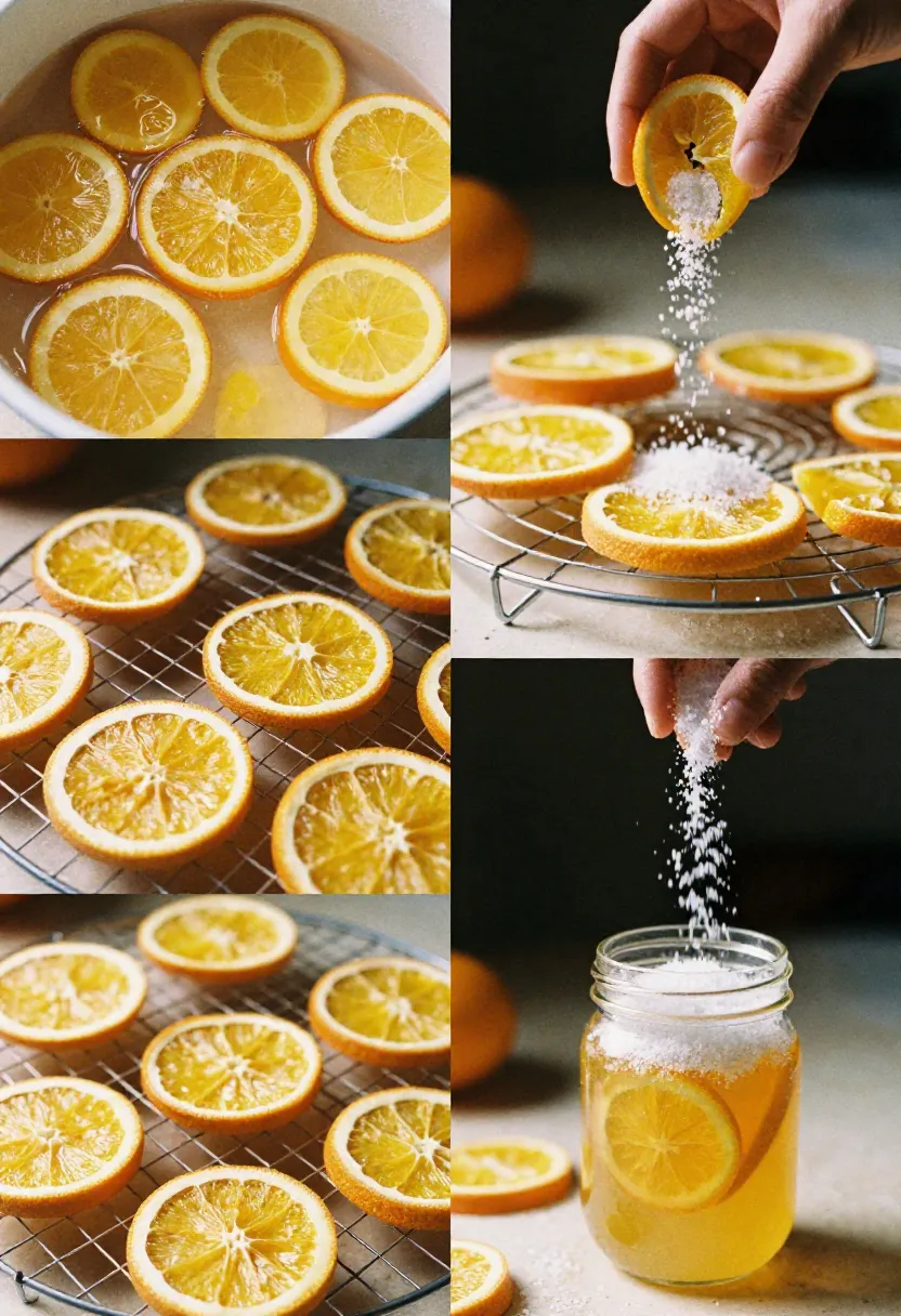 Collage of homemade candied orange slices simmering, drying on racks, being sugared, and a jar of orange syrup.