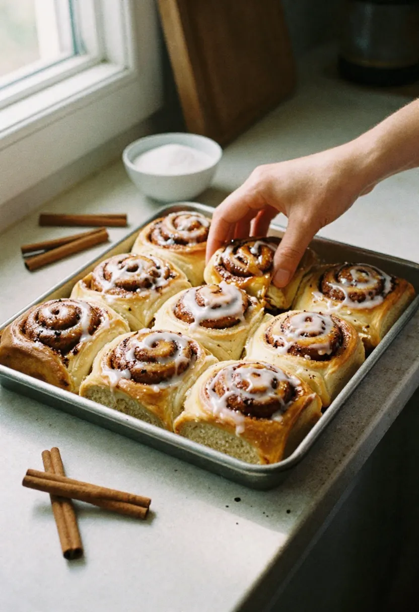 Freshly baked homemade cinnamon rolls on a rustic tray with slightly imperfect spirals and frosting.