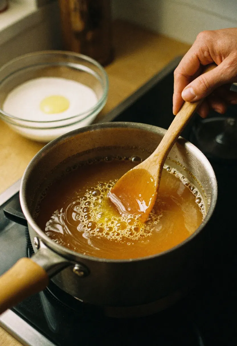 Small saucepan with homemade caramel bubbling, wooden spoon, and sugar in a cozy kitchen setting.