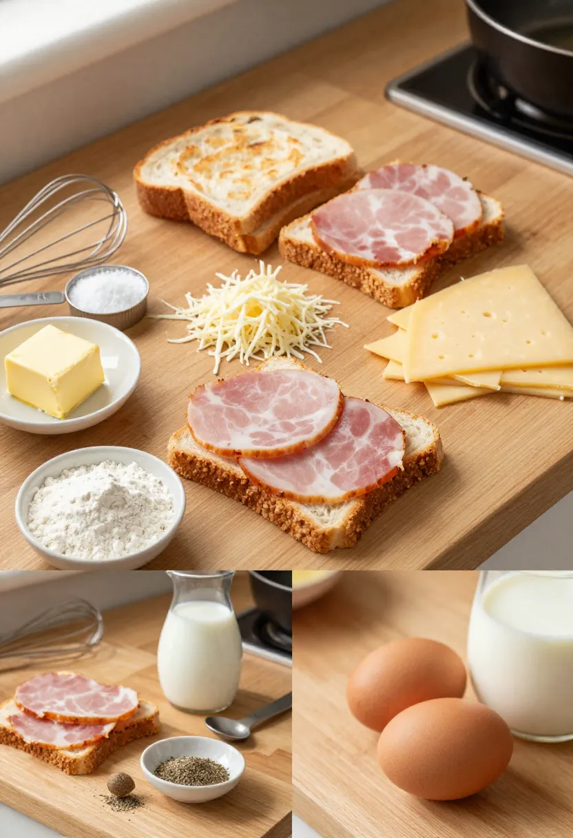 Step-by-step preparation of Croque Madame with sauce, toasted bread, ham, cheese, and a fried egg in a cozy kitchen.