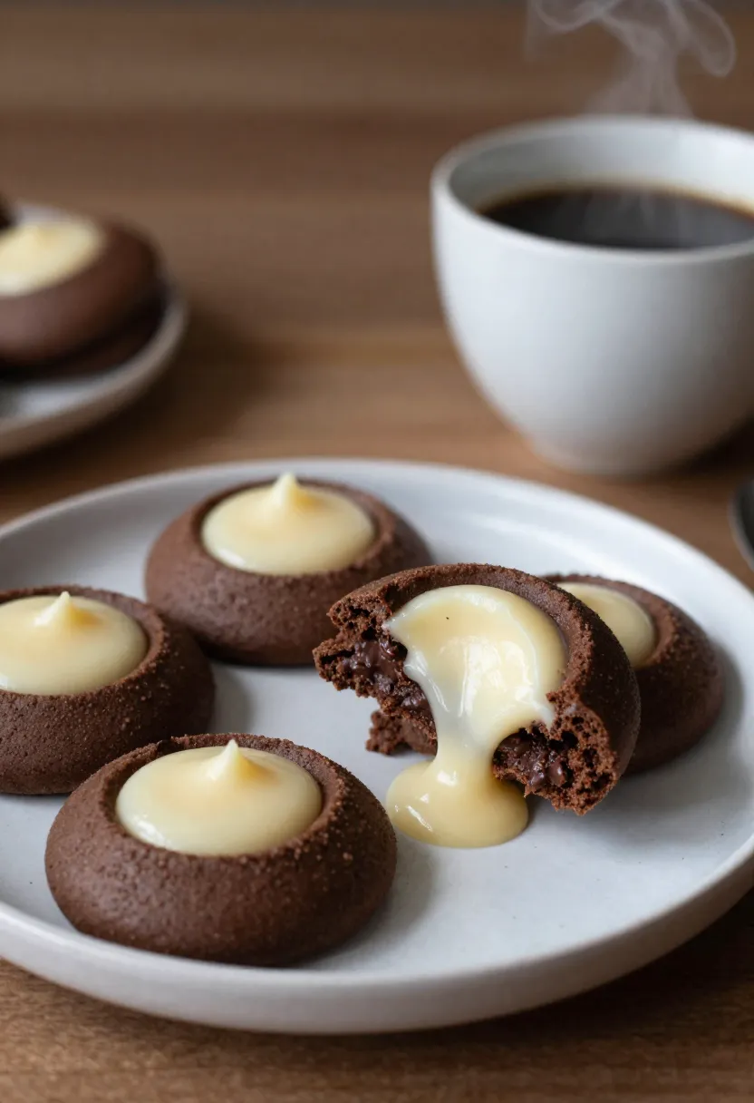 Chocolate thumbprint cookies with vanilla custard, partially bitten, on a plate with coffee.