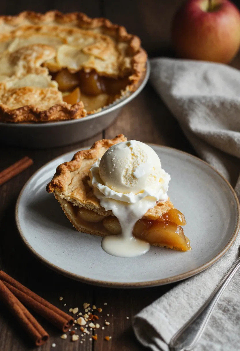 Slice of warm apple pie served with ice cream or whipped cream on a rustic plate, with cinnamon and nuts, in a cozy kitchen setting.