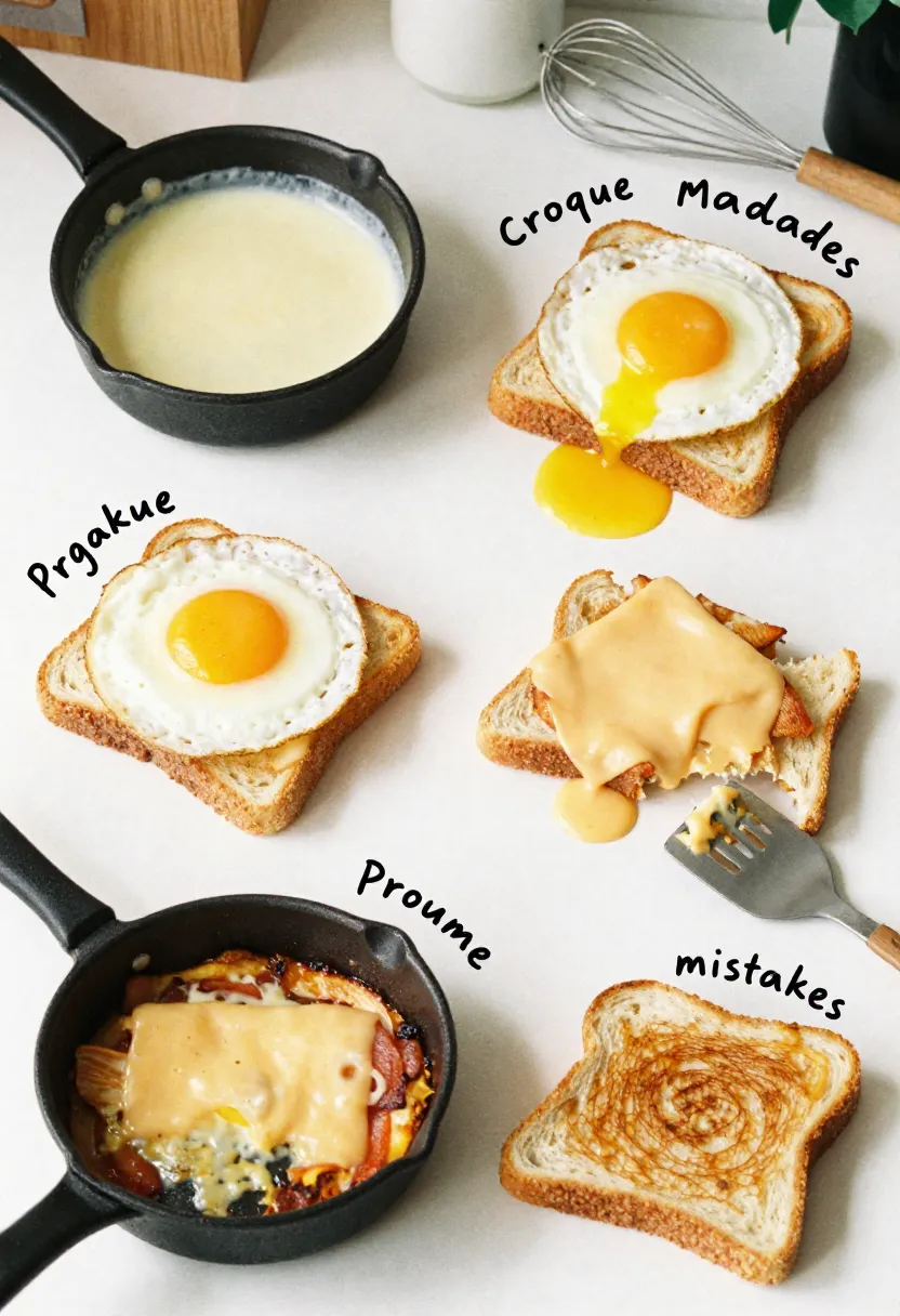 Croque Madame being prepared with broken egg yolk, slightly uneven cheese, and imperfect bread, showing its forgiving nature.