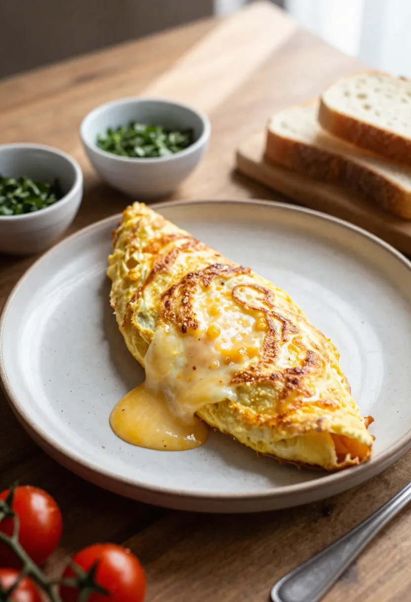 Golden cheese omelette with melted cheese on a rustic plate, surrounded by herbs and cherry tomatoes.