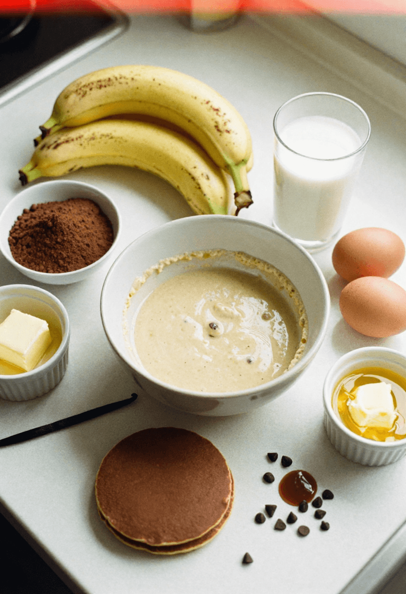 Chocolate banana pancake ingredients collage with batter, bananas, cocoa, milk, egg, butter, vanilla, and chocolate chips.