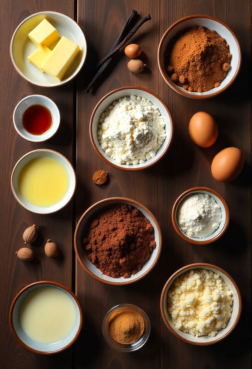 Ingredients for chocolate thumbprint cookies with custard on a rustic kitchen table.