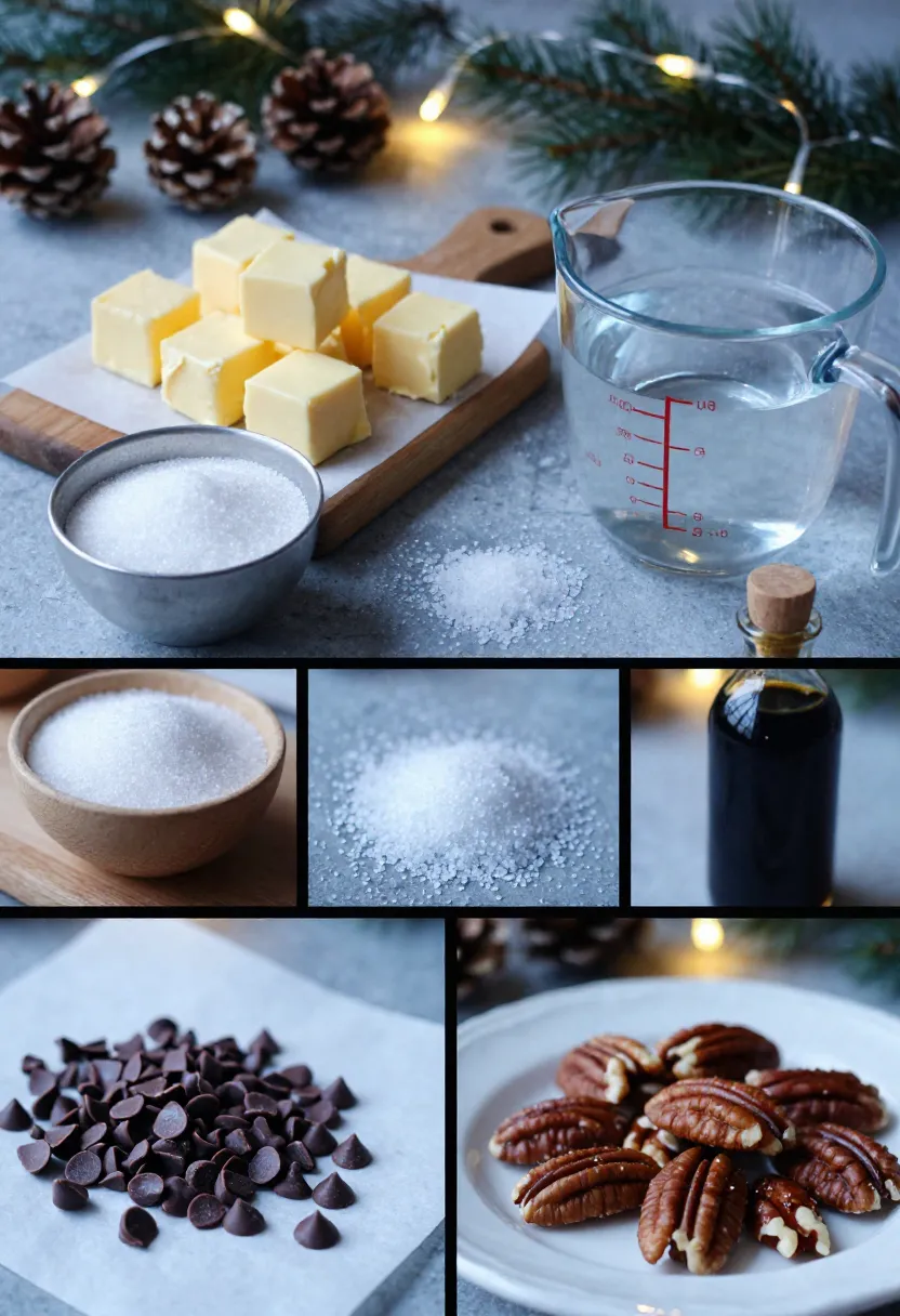 Collage of ingredients for Christmas toffee: butter, sugar, water, salt, vanilla, chocolate, and nuts.