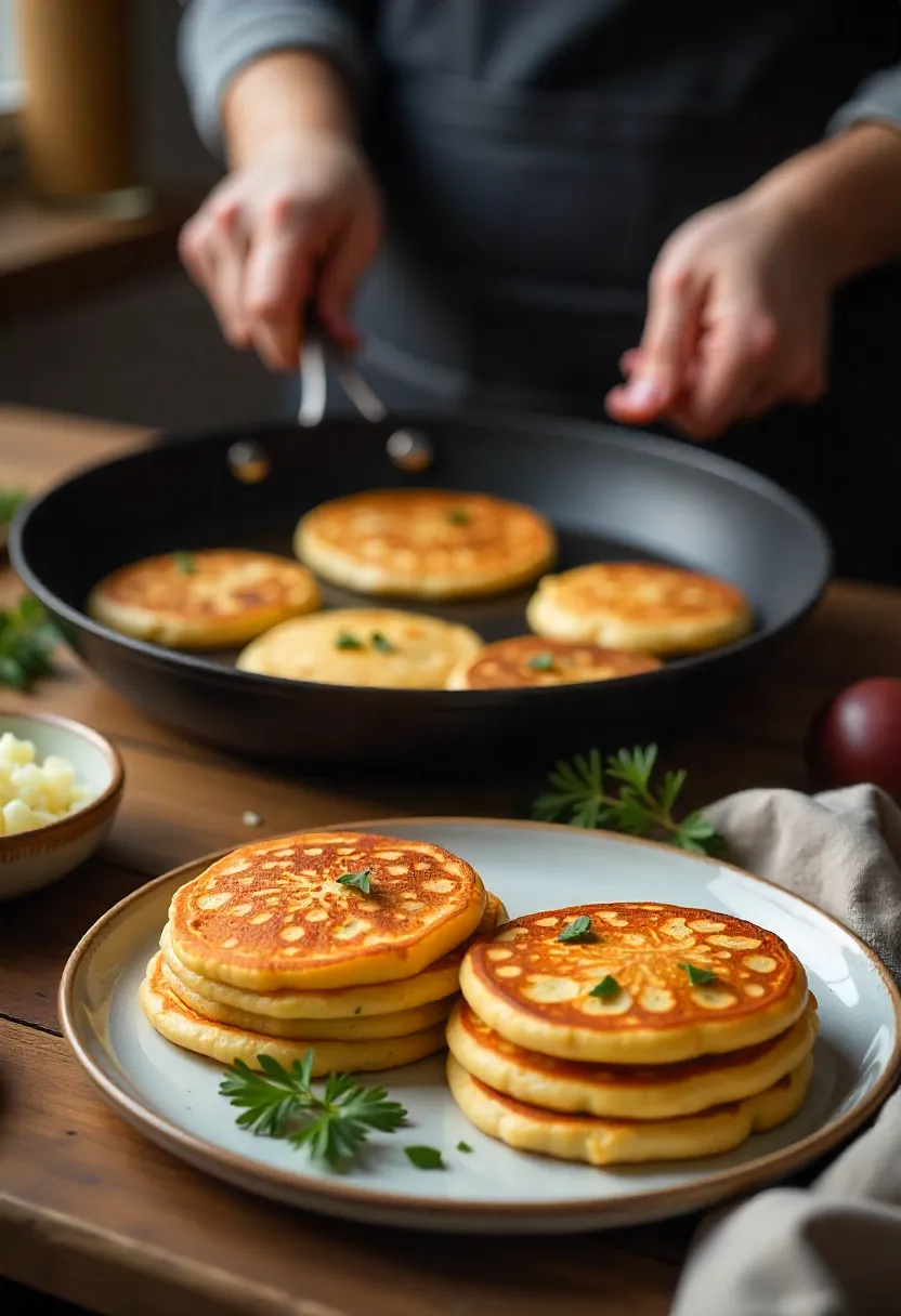 Hands reaching for golden potato pancakes in a cozy kitchen, emphasizing sharing and warmth.