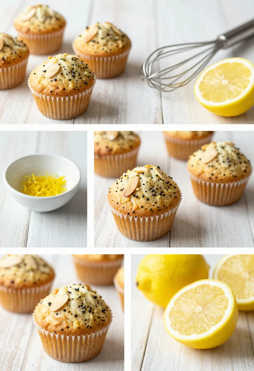 Almond poppy seed muffins with lemon zest and fresh lemons on a rustic surface.