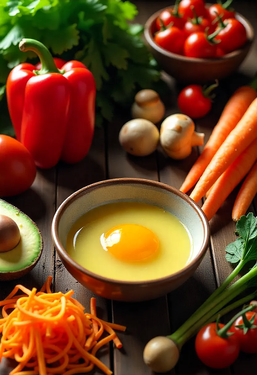 Colorful collage of eggs, avocado, and fresh vegetables for a veggie omelet.