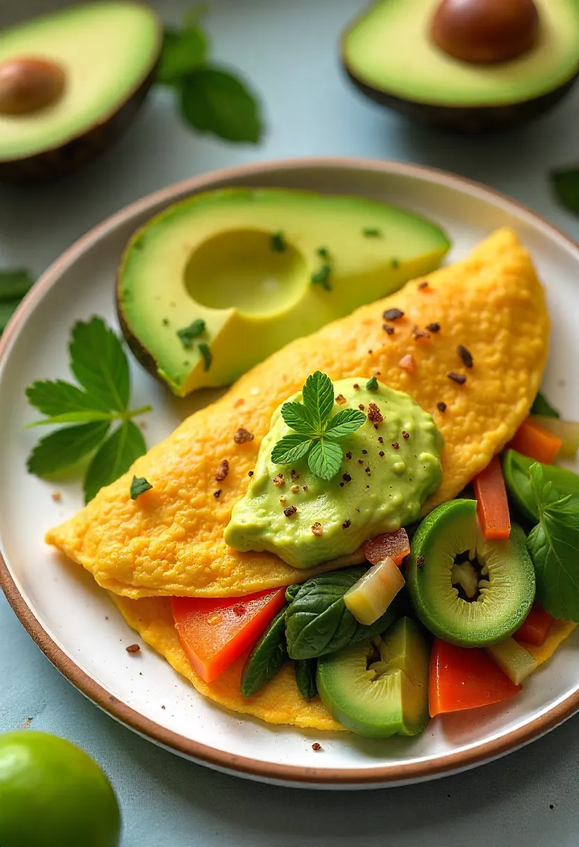 Veggie omelet with avocado, highlighting creamy and nutritious breakfast ingredients.