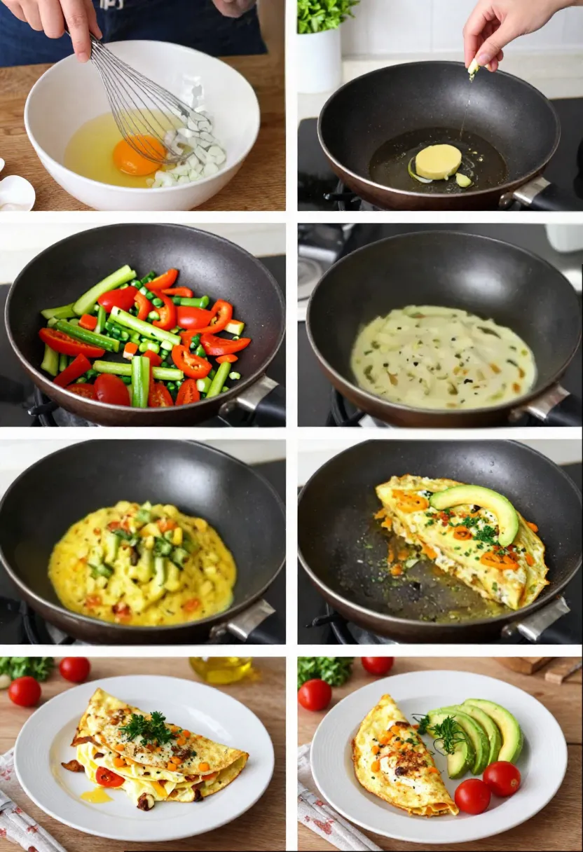 Step-by-step scene of cooking a veggie and avocado omelet in a cozy kitchen.