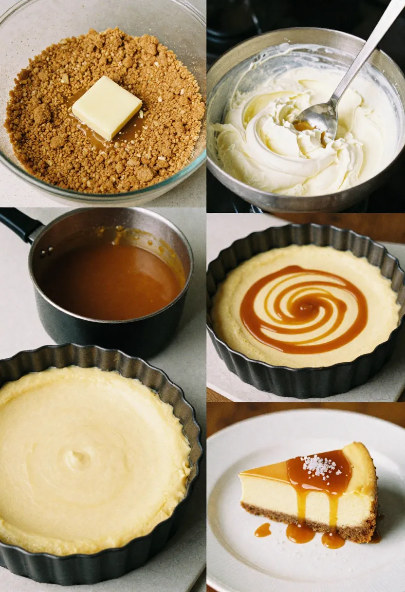 Collage showing graham crust, cheesecake batter, caramel sauce, swirling cheesecake, and a plated slice with caramel drizzle.