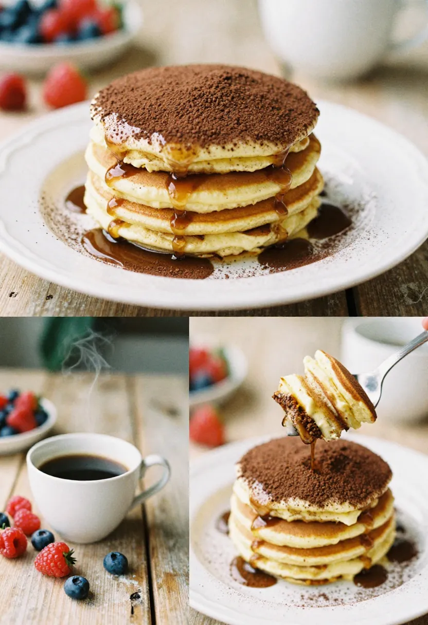Cozy stack of vegan tiramisu pancakes with coffee syrup, creamy layers, cocoa, and berries on a wooden table.