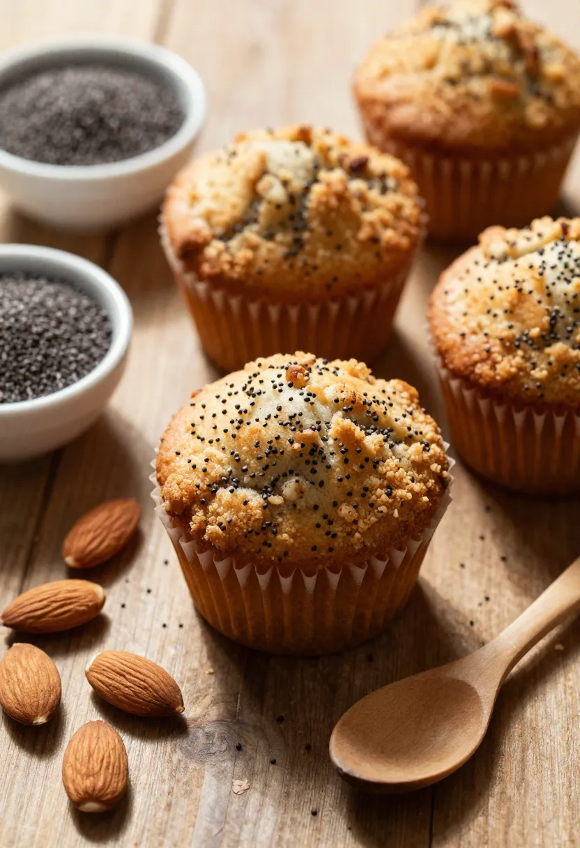 Almond poppy seed muffins with visible poppy seeds on a rustic wooden table.