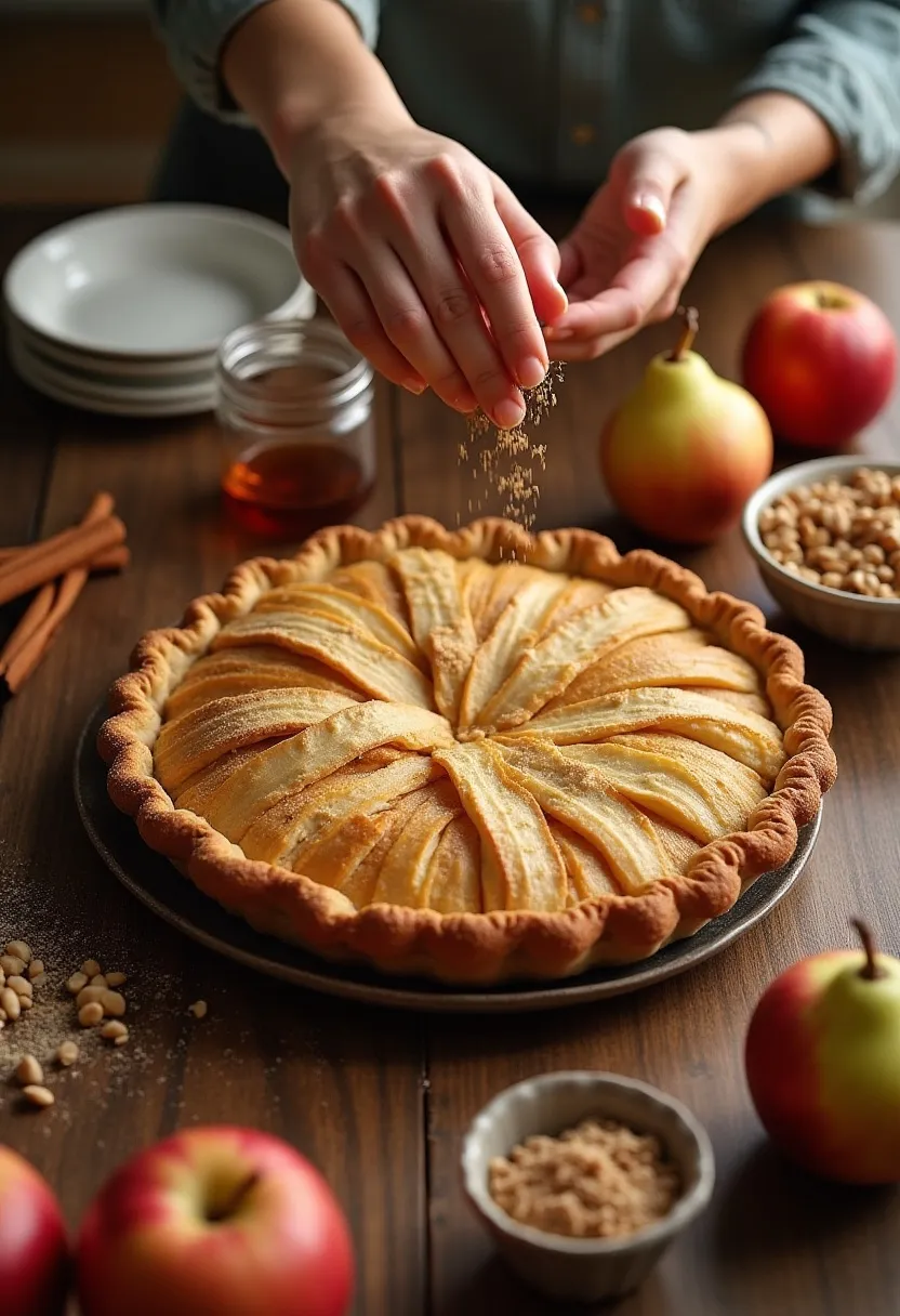 Rustic apple pie with minor imperfections on a floured surface, showing hands and baking tools in a cozy kitchen, symbolizing patience and homemade comfort.