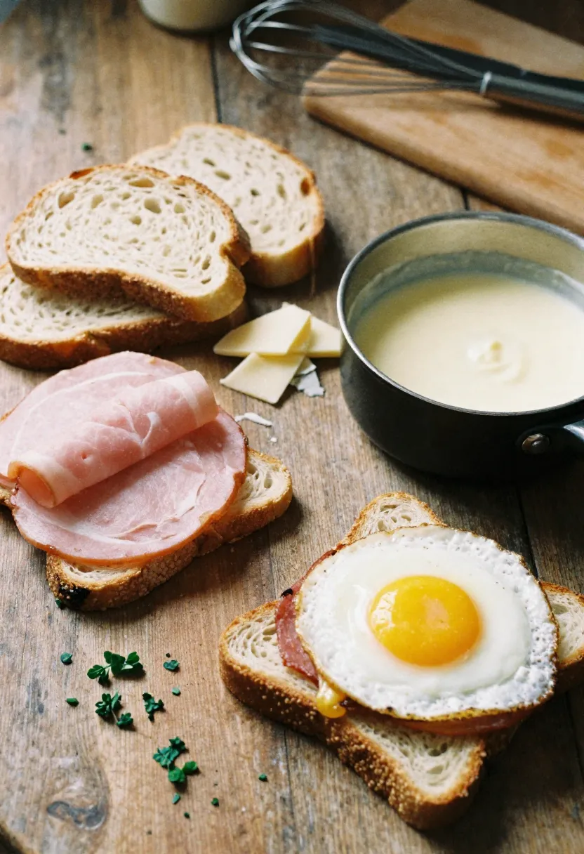 Ingredients for making Croque Madame at home, including bread, ham, cheese, butter, milk, eggs, and spices on a kitchen counter.
