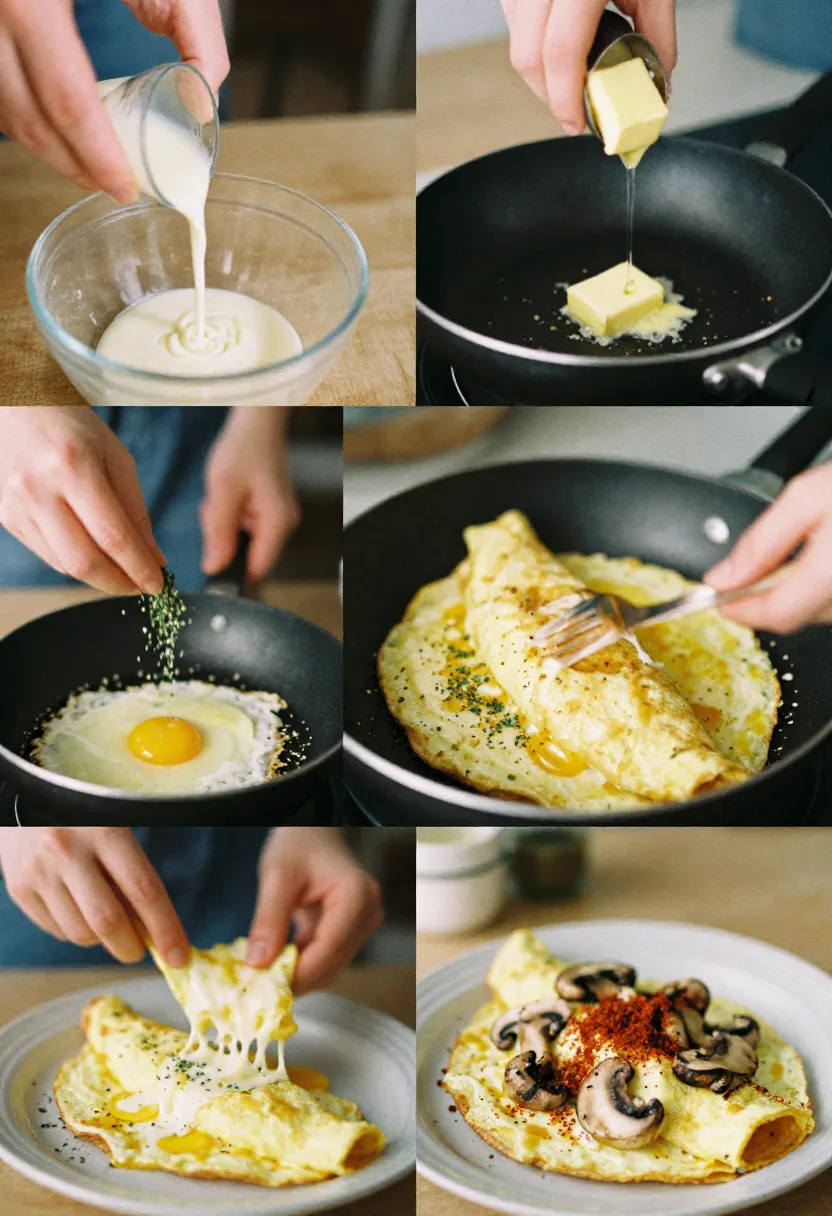Collage showing personalized cheese omelette: cream, butter, herbs, cheese, and spices in a cozy kitchen.