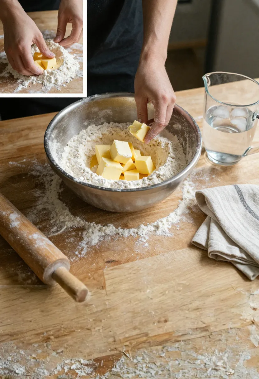 Collage showing the process of making pie dough with flour, cold butter, ice water, and hands mixing and shaping dough in a cozy kitchen setting.