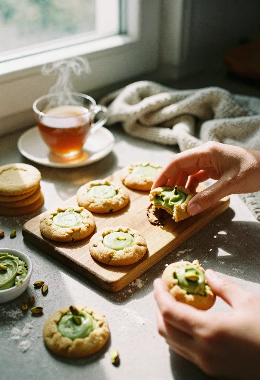 Hands baking and assembling pistachio cream cookies in a cozy kitchen scene.