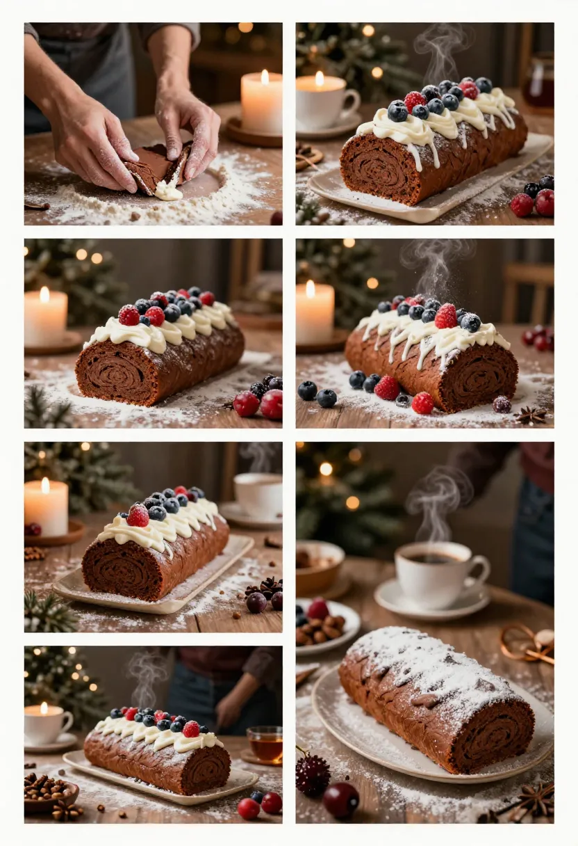 Collage showing baking, decorating, and serving a festive Yule Log cake in a cozy holiday setting.