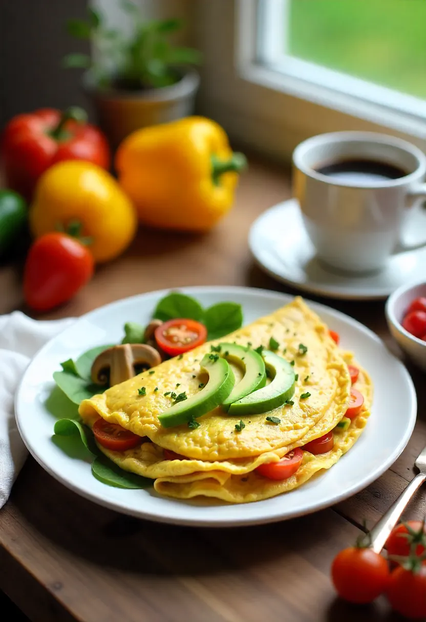 Veggie and avocado omelet on a plate, colorful and fresh for breakfast.