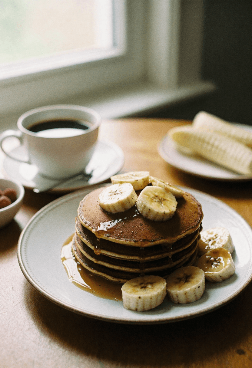 Cozy stack of chocolate banana pancakes with coffee on a sunny morning table.