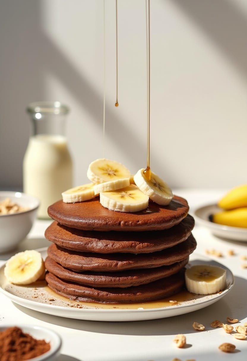 Chocolate banana pancakes with bananas, cocoa, and healthy ingredients, highlighting a nutritious and satisfying breakfast.