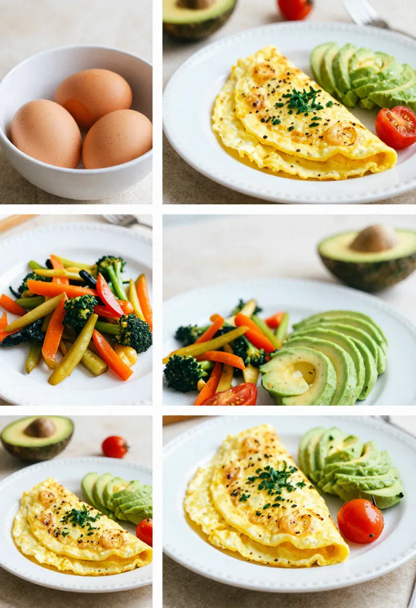 Healthy veggie and avocado omelet with fresh ingredients for breakfast.