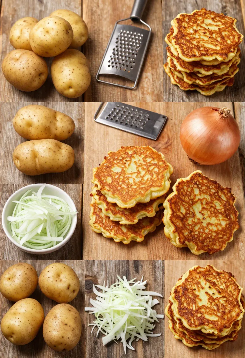 Collage of different potatoes, onions, and kitchen tools for making potato pancakes.