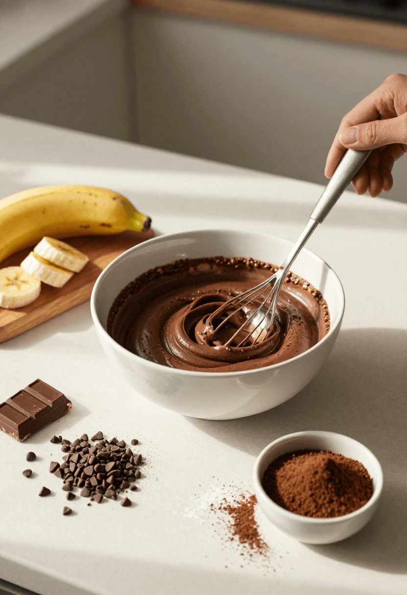 Mixing chocolate and banana pancake batter in a bowl with chocolate chips.