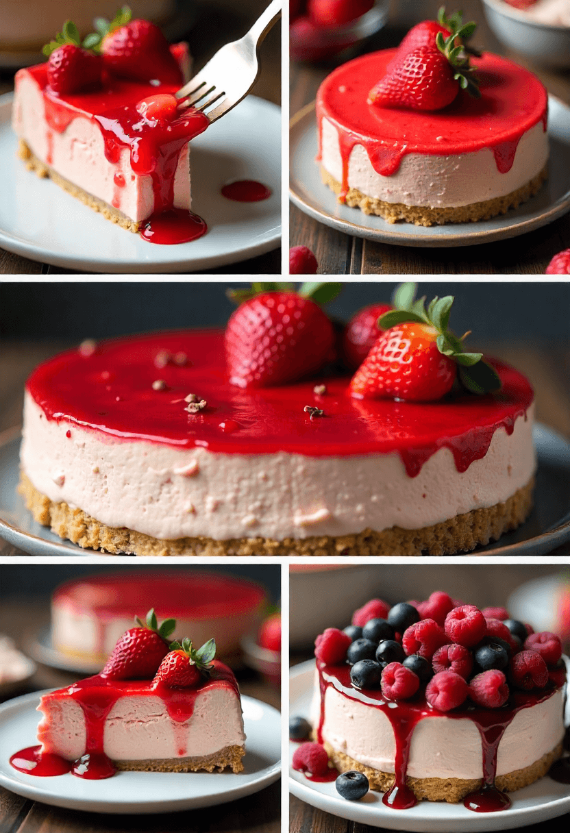 Collage of customized strawberry cheesecake ideas with zest, puree, swirls, chocolate layer, and mixed berries.