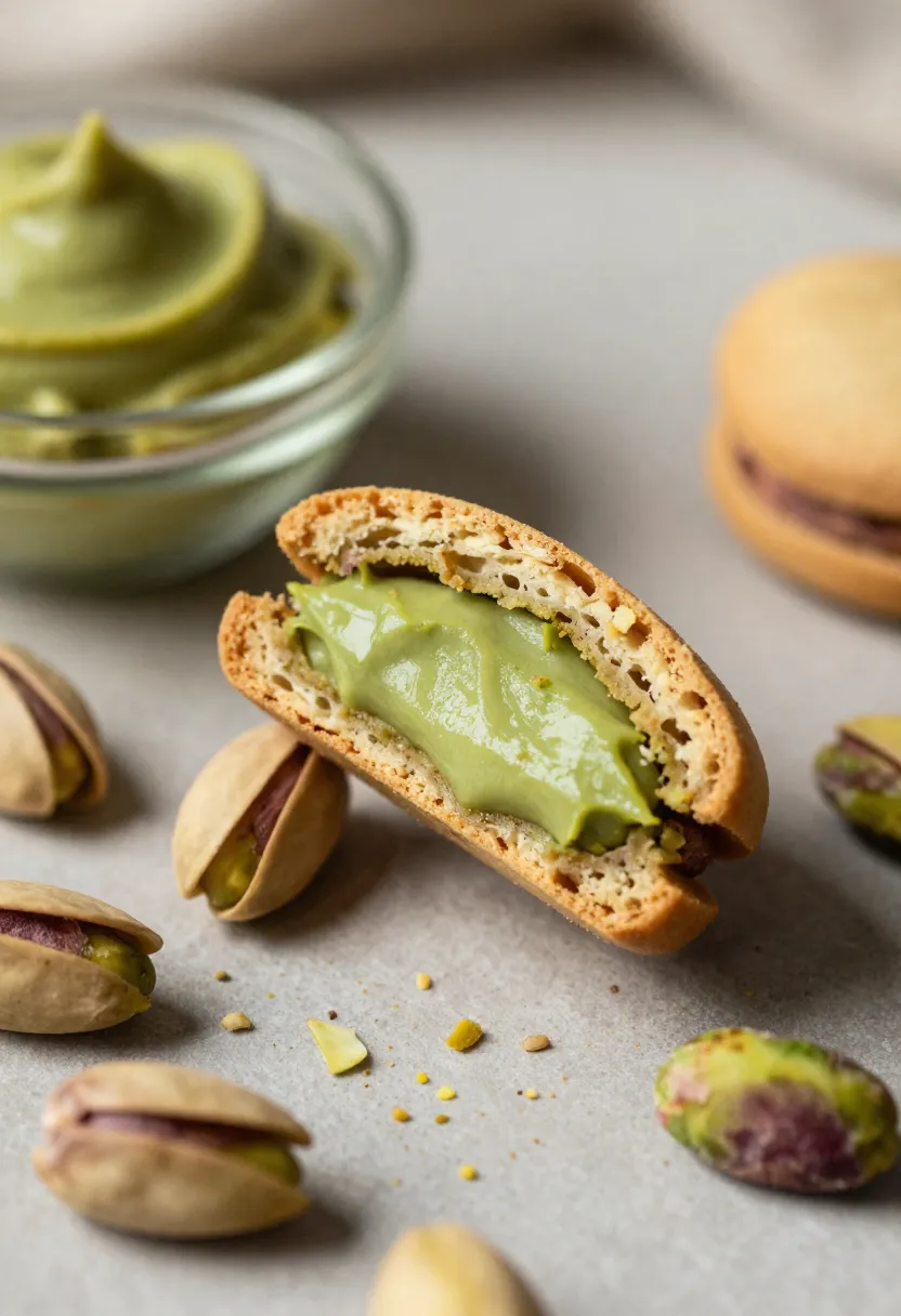 Pistachio cream cookie cut in half with pistachios and cream nearby.