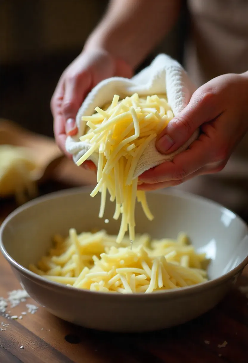 Hands squeezing grated potatoes in a towel with water dripping into a bowl and potato starch visible.
