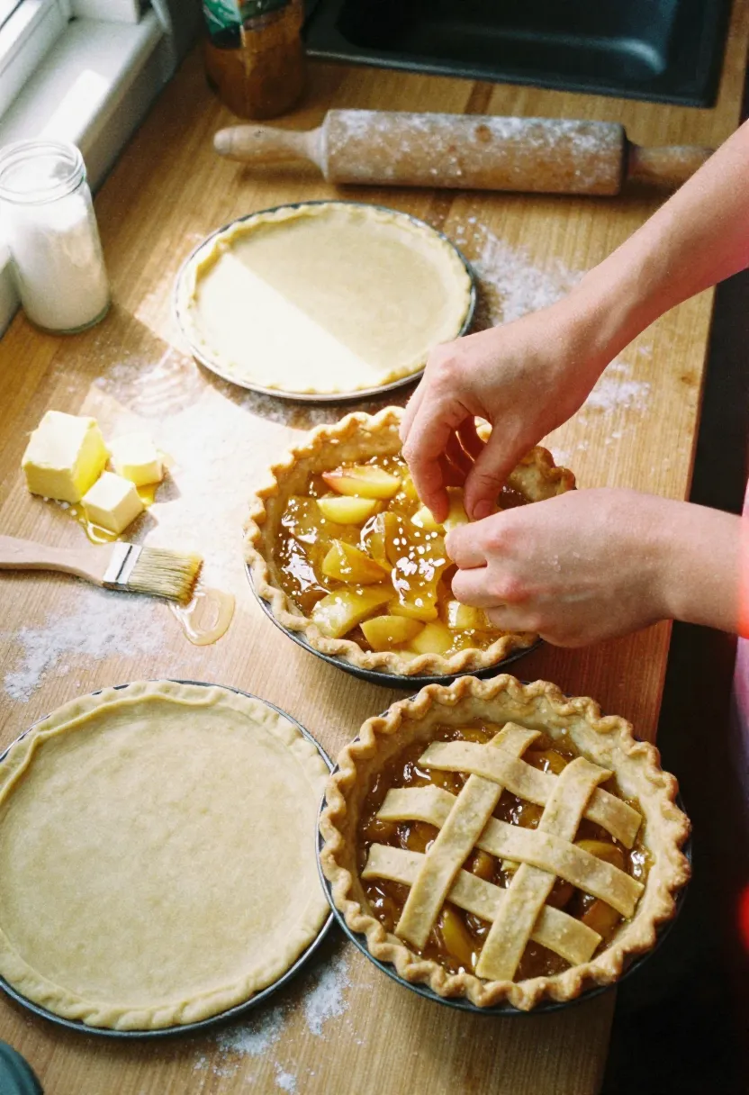 Hands assembling an apple pie with rolled dough, apple filling, lattice or top crust, butter, and egg wash in a cozy kitchen scene.