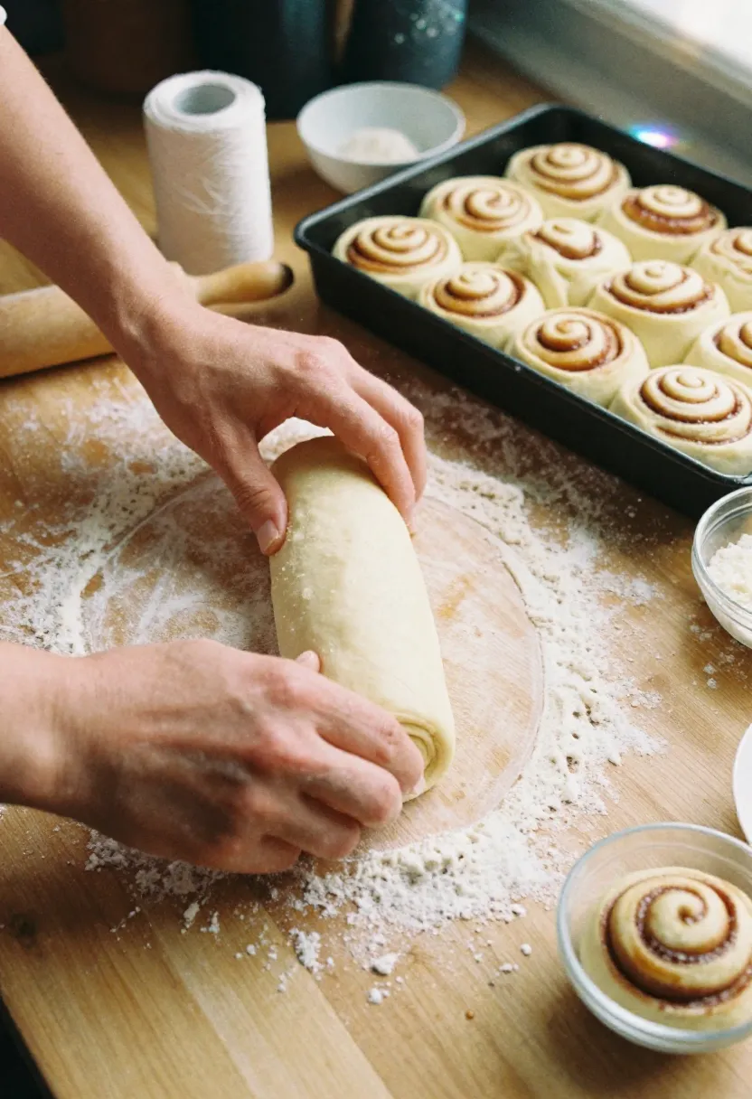 Hands rolling and shaping cinnamon rolls on a floured surface, with a pan of rolls ready for proofing.