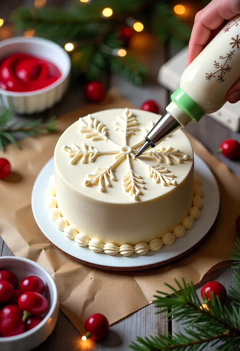 Christmas cakes decorated with intricate royal icing snowflakes, stars, and borders in festive colors.