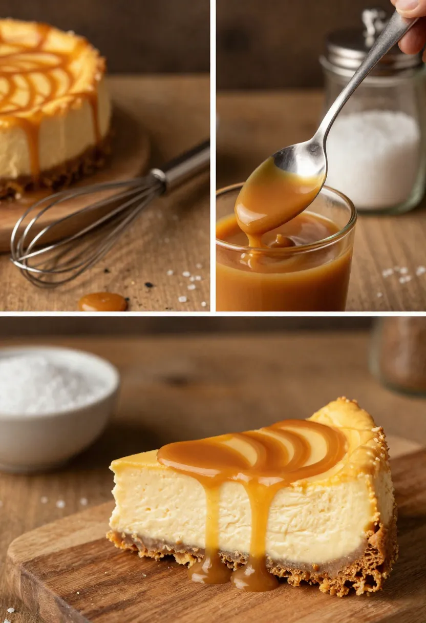 Collage of salted caramel cheesecake slice, caramel sauce, and sea salt on a rustic kitchen surface.